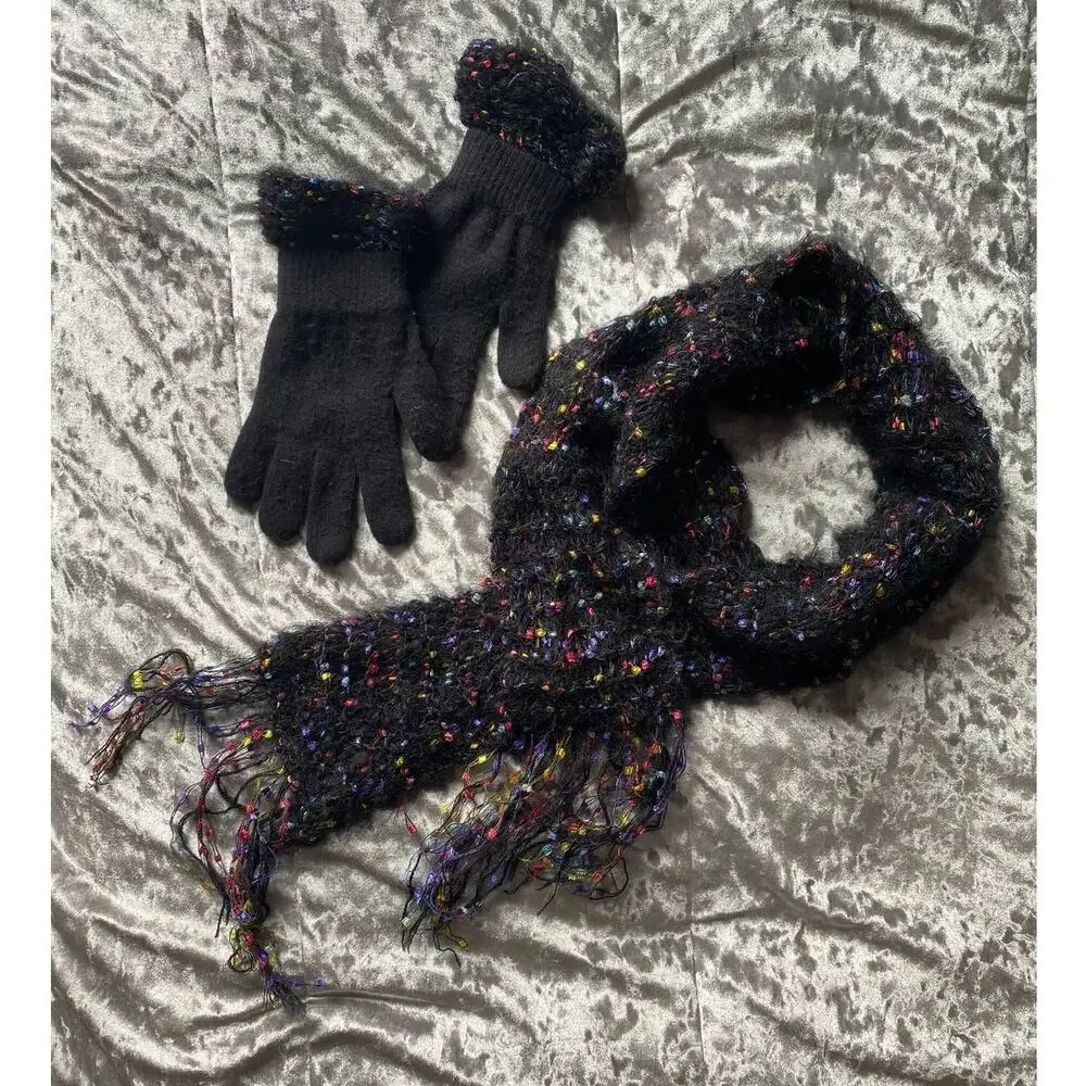 Handmade Knit Womens Scarf Black with Color 70